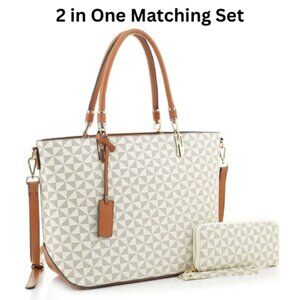 2-in-1 Large Geometric Monogrammed Tote Set with Matching Wallet
